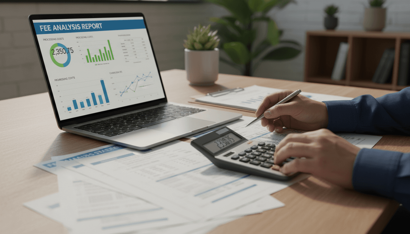 Team member analysing card fees on laptop and documents