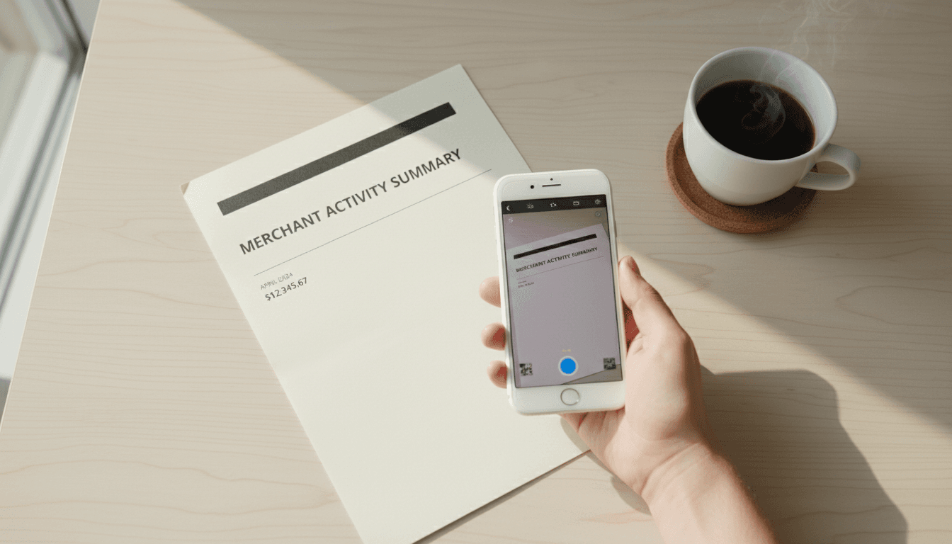 Small business owner photographing merchant statement on smartphone